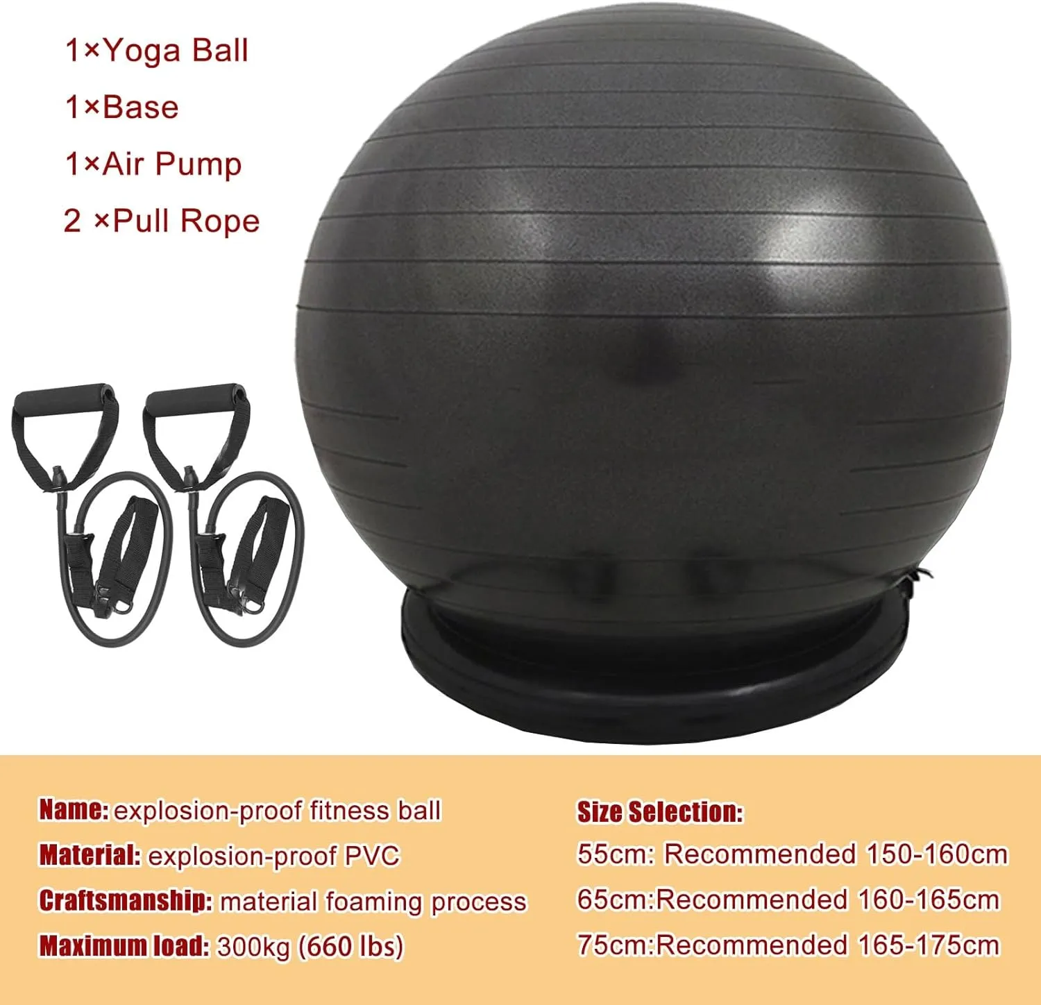 Exercise Ball Chair & Anti-slip Stability Base, 55/65/75cm 3 Sizes Anti-Burst Balance Ball Office Chair, Gym Ball - Pregnancy Pilates Yoga Childbirth ( Color : Black , Size : 65cm (Height 160-165cm) )
