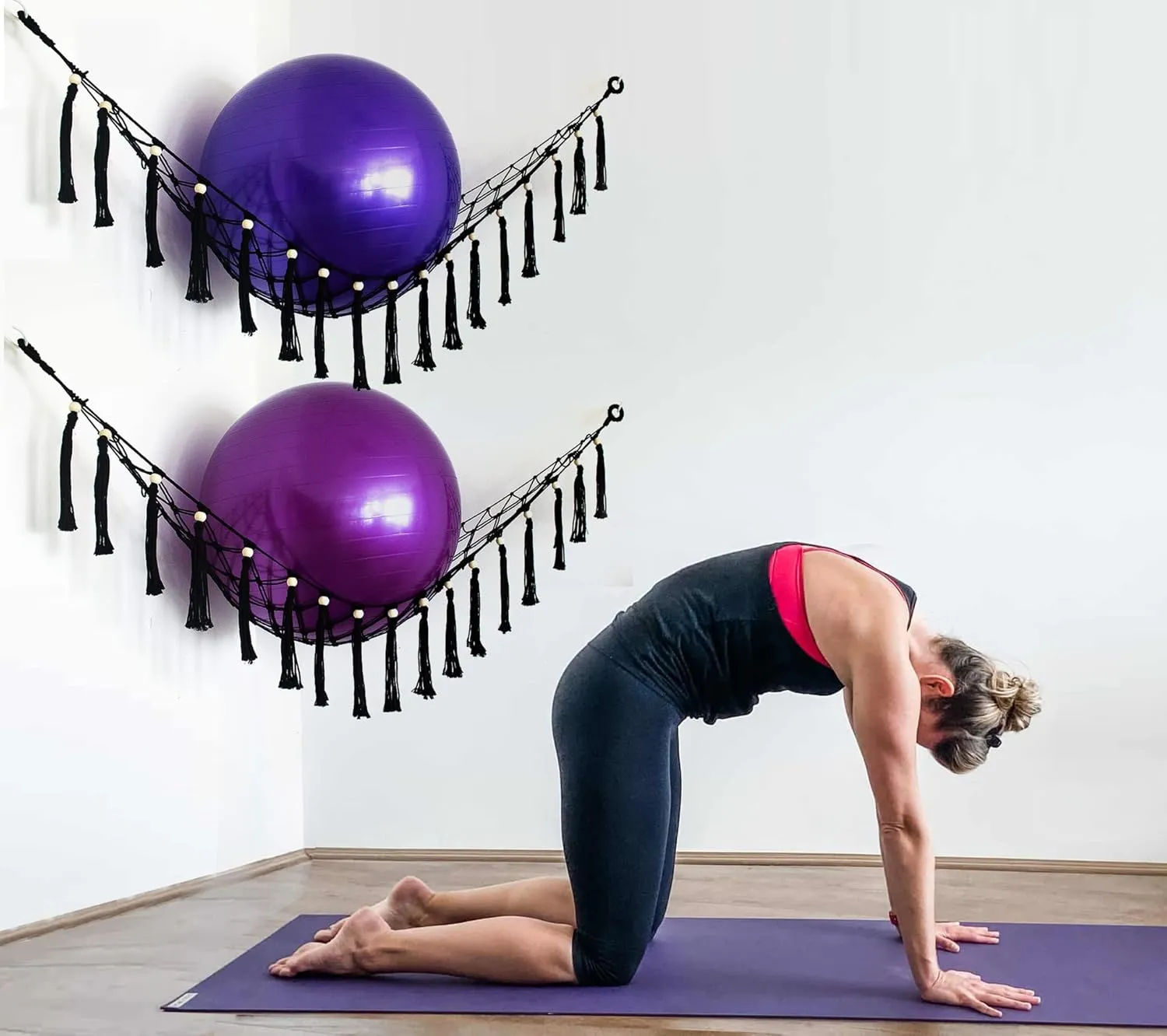 Exercise Ball Holder Yoga Ball Rack Corner Hanging Storage Net or Hammock for Fitness Ball Balance Ball Organizer Pregnancy Stability Ball Swiss Balance Ball for Yoga Studio and Gym