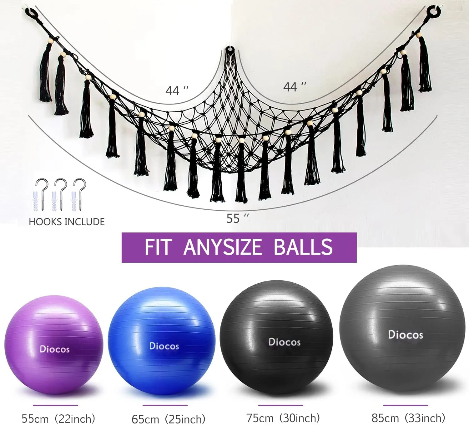 Exercise Ball Holder Yoga Ball Rack Corner Hanging Storage Net or Hammock for Fitness Ball Balance Ball Organizer Pregnancy Stability Ball Swiss Balance Ball for Yoga Studio and Gym