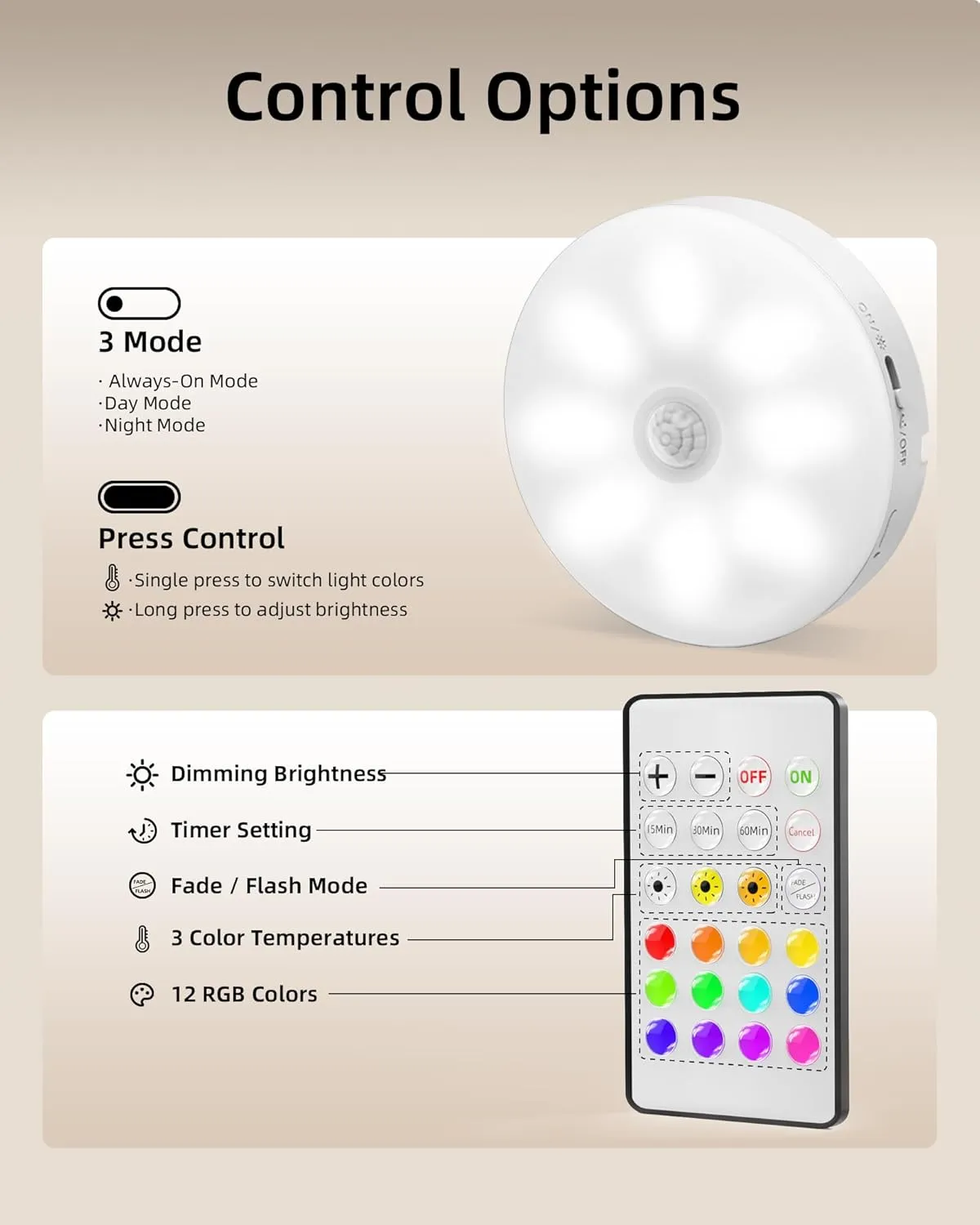 EZVALO 6-Pack Under Cabinet Lighting, Rechargeable Motion Sensor Puck Lights with Remote, 3 Color Temps &12 RGB LED Night Light, Magnetic Stick on Light, Dimmable Under Counter Lights for Kitchen