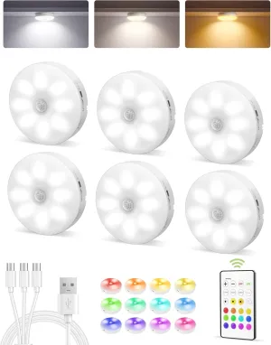 EZVALO 6-Pack Under Cabinet Lighting, Rechargeable Motion Sensor Puck Lights with Remote, 3 Color Temps &12 RGB LED Night Light, Magnetic Stick on Light, Dimmable Under Counter Lights for Kitchen