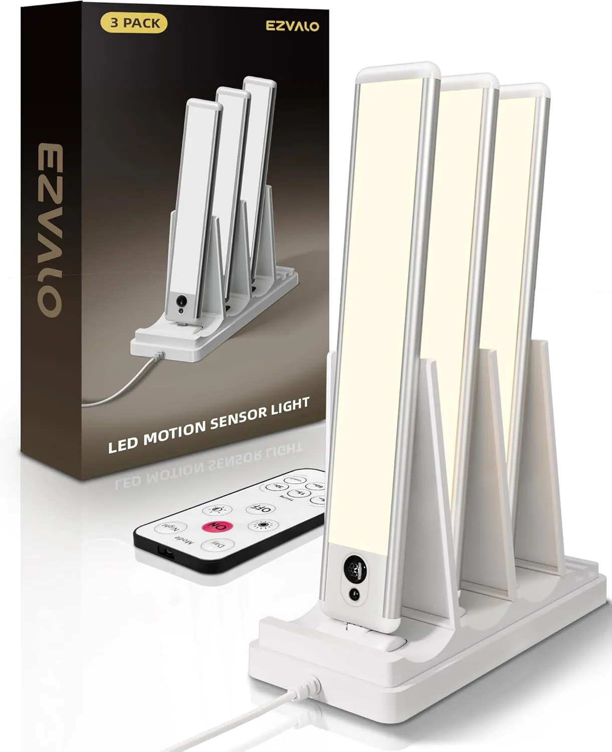 EZVALO Under Cabinet Lighting with Charging Station, Rechargeable Motion Sensor Light Indoor, Dimmable Closet Lights Wireless, 3500K, Motion Activated Under Counter Lights for Kitchen,Pantry(3 Pcs)