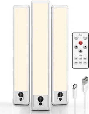 EZVALO Under Cabinet Lights, LED Closet Lights Wireless USB Charging, Motion Sensor Lighting Indoor 3500K Dimmable with Remote Control (Warm) 3 Pack
