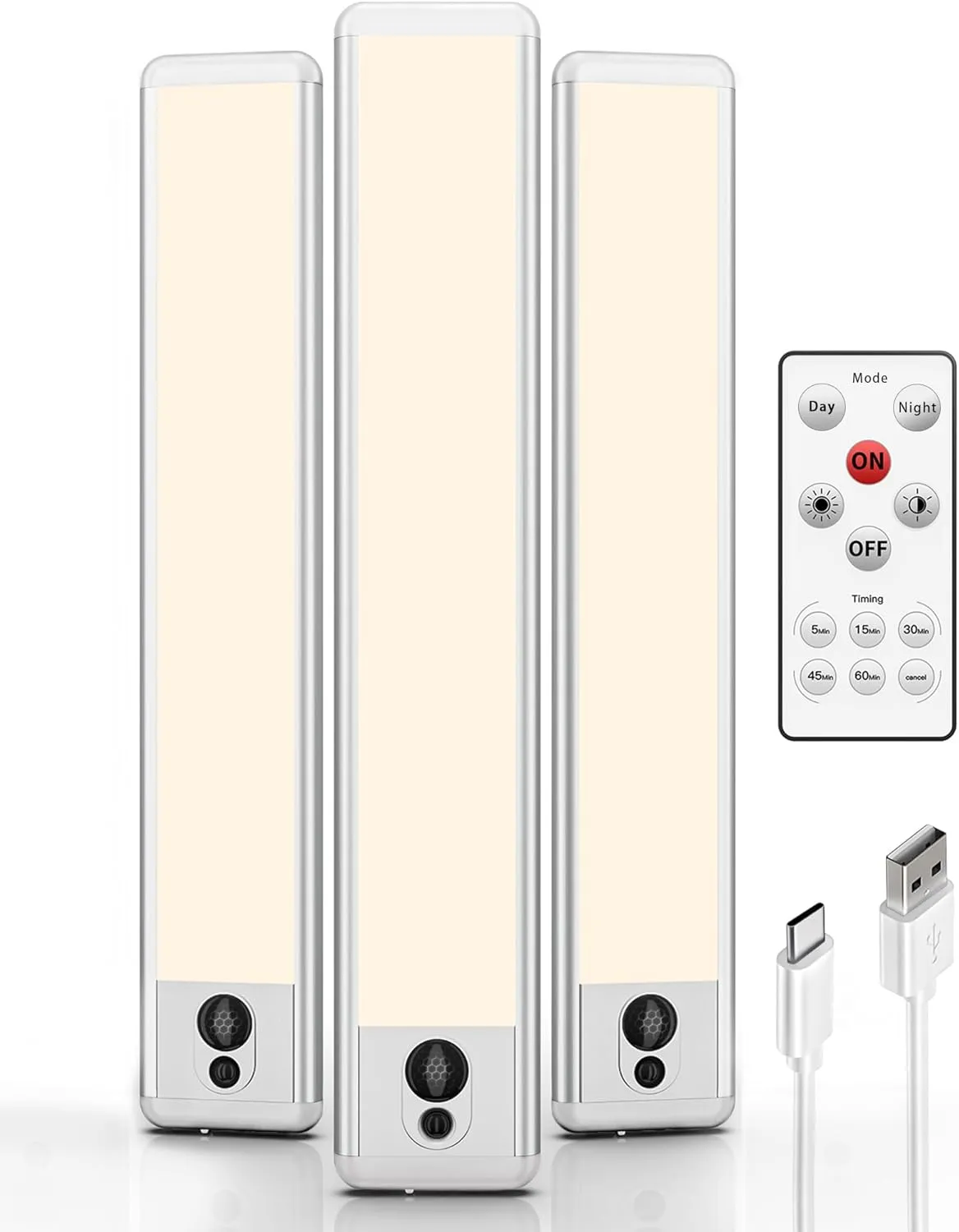 EZVALO Under Cabinet Lights, LED Closet Lights Wireless USB Charging, Motion Sensor Lighting Indoor 3500K Dimmable with Remote Control (Warm) 3 Pack
