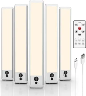 EZVALO Under Cabinet Lights, LED Closet Lights Wireless USB Charging, Motion Sensor Lighting Indoor 3500K Dimmable with Remote Control (Warm) 5 Pack