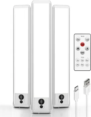 EZVALO Under Cabinet Lights, LED Closet Lights Wireless USB Charging, Motion Sensor Lighting Indoor 5700K dimmable with Remote Control (White) 3 Pack