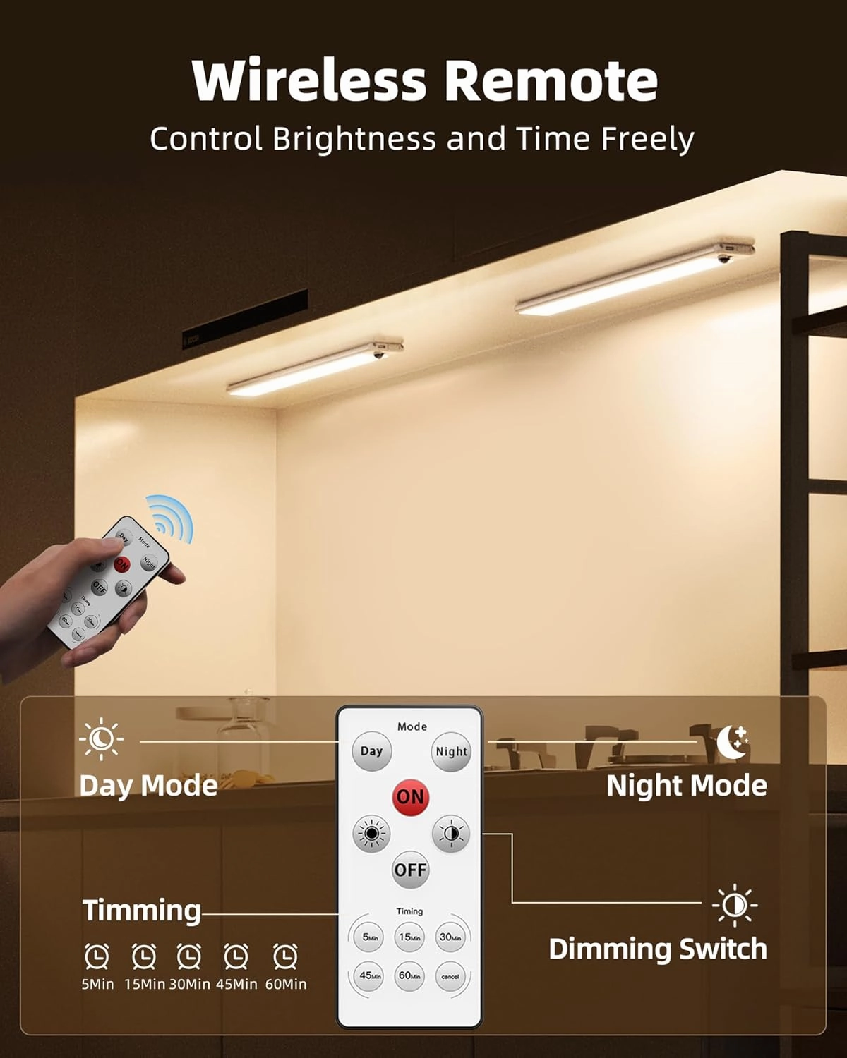 EZVALO Under Cabinet Lights,66 LEDs Motion Sensor Night Light, 3200 mAh Closet Lights 3500K with Remote Control Under Counter Lights for Kitchen,Cabinet,Bedroom(2 Pack)