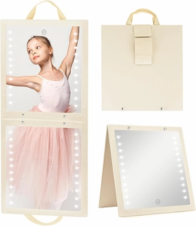 Fabuday Lighted Hanging Mirror for Dance Backstage - Rechargeable Folding LED Full Length Mirror with Lights for Dancers, Portable Foldable Travel Body Mirror, Brightness Adjustable, Beige