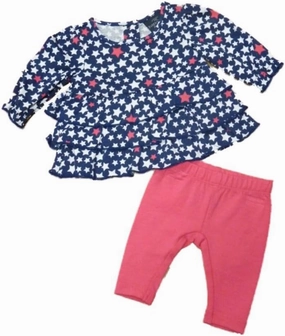 Faded Glory Infant Girl Blue Pink Star Ruffled Shirt Leggings 2 PC Outfit 3-6m