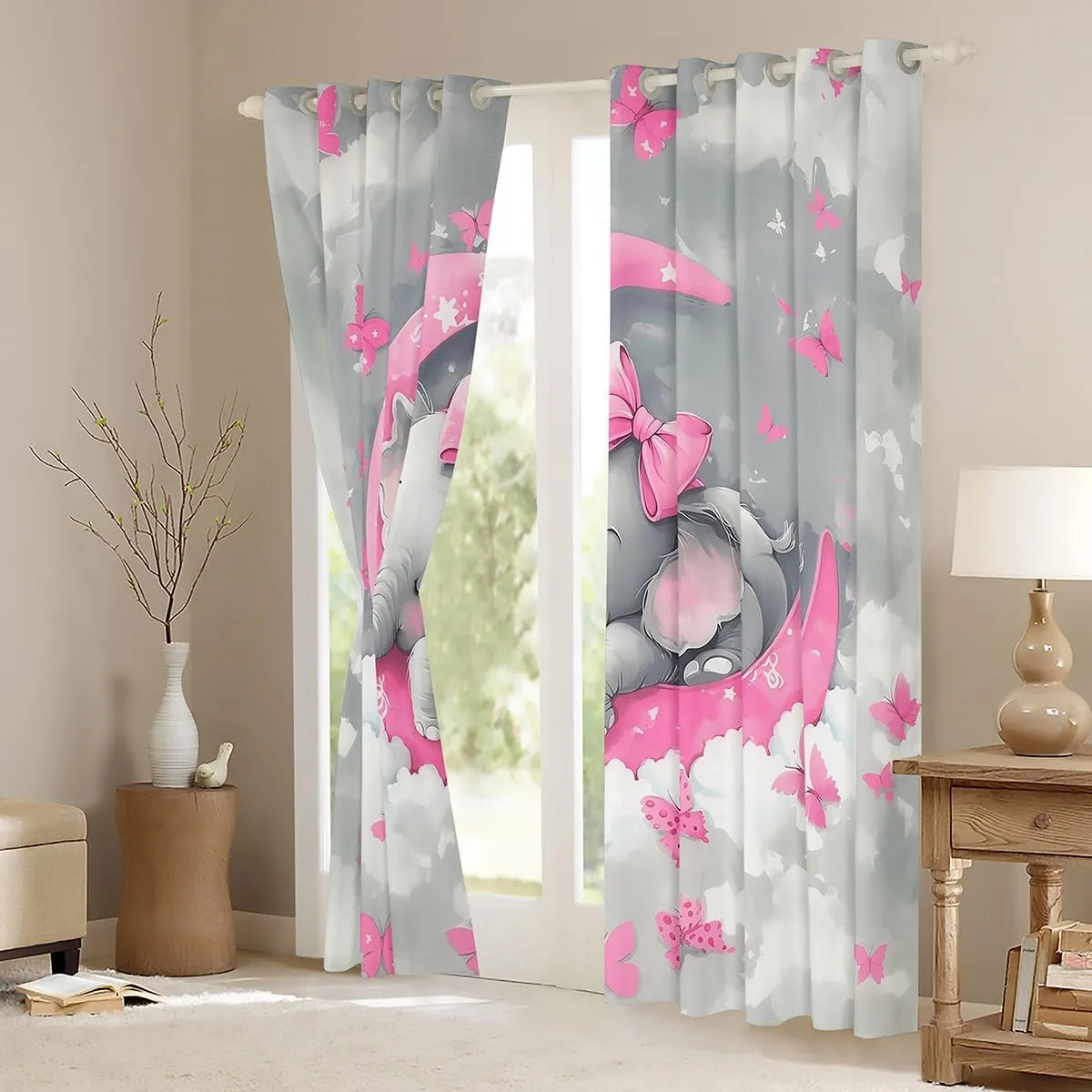 Fairy Elephant Curtains,Cute Animal Window Curtain,Moon Window Treatments,Butterflies Window Drapes,Gray Nebula 30%-50% Blackout Curtains for Living Room,2 Panels,42"x84",Grey Pink
