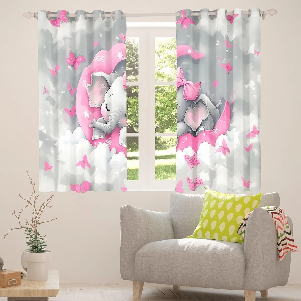 Fairy Elephant Curtains,Cute Animal Window Curtain,Moon Window Treatments,Butterflies Window Drapes,Gray Nebula 30%-50% Blackout Curtains for Living Room,2 Panels,42"x84",Grey Pink