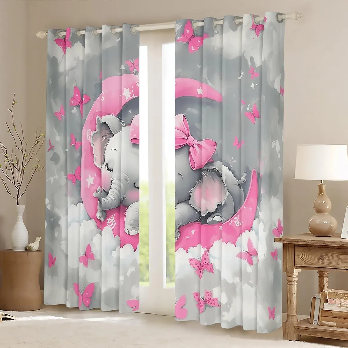 Fairy Elephant Curtains,Cute Animal Window Curtain,Moon Window Treatments,Butterflies Window Drapes,Gray Nebula 30%-50% Blackout Curtains for Living Room,2 Panels,42"x84",Grey Pink
