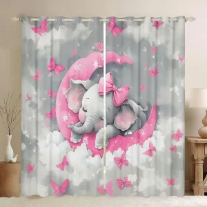 Fairy Elephant Curtains,Cute Animal Window Curtain,Moon Window Treatments,Butterflies Window Drapes,Gray Nebula 30%-50% Blackout Curtains for Living Room,2 Panels,42"x84",Grey Pink