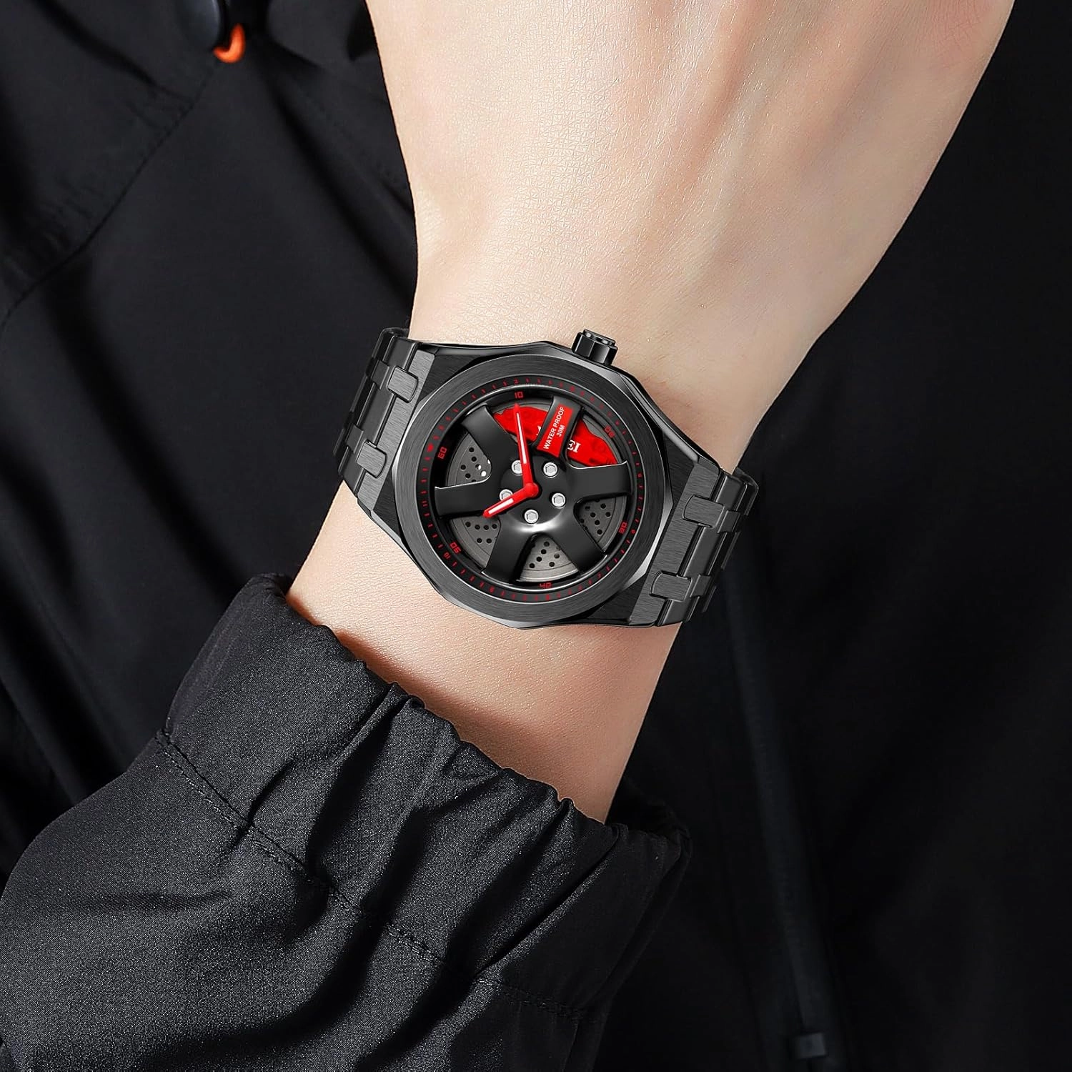 FANMIS Men Unique Car Wheel Watches Creative Waterproof Stainless Steel Sports Quartz Wrist Watch with Car Rim Hub Design for Men/Car Enthusiast