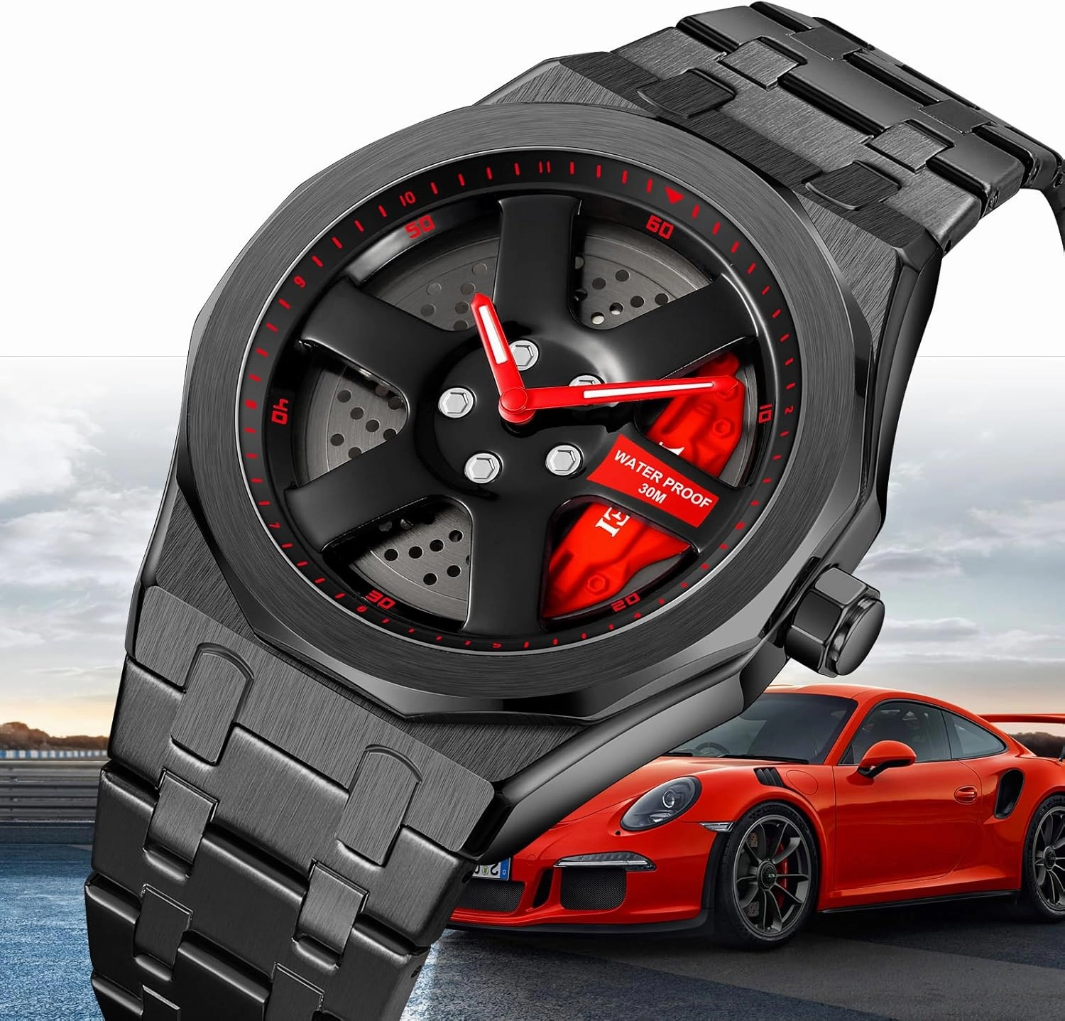 FANMIS Men Unique Car Wheel Watches Creative Waterproof Stainless Steel Sports Quartz Wrist Watch with Car Rim Hub Design for Men/Car Enthusiast