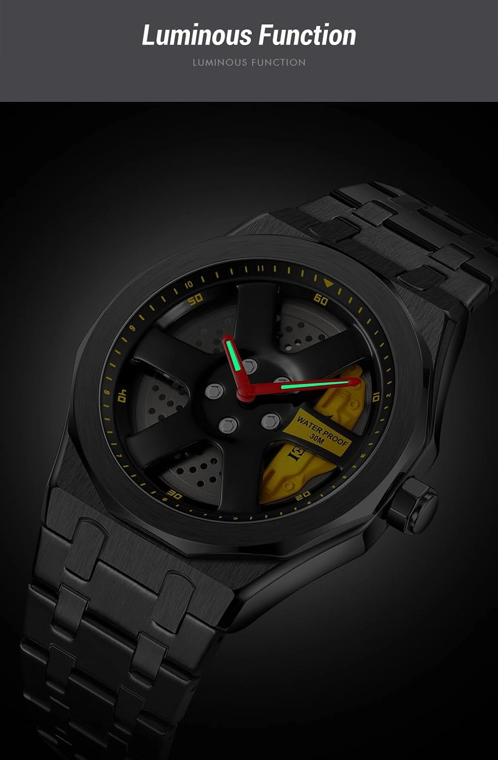 FANMIS Men Unique Car Wheel Watches Creative Waterproof Stainless Steel Sports Quartz Wrist Watch with Car Rim Hub Design for Men/Car Enthusiast