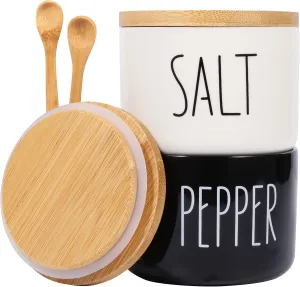 Farmhouse Salt And Pepper Bowls,Stacked Ceramic Salt Cellar With Bamboo Lid, Salt Container With Lid And Spoon, Modern Farmhouse Kitchen Decor, Salt Box, Spice Box(BLACK AND WHITE)