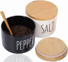 Farmhouse Salt And Pepper Bowls,Stacked Ceramic Salt Cellar With Bamboo Lid, Salt Container With Lid Spoon, Modern Farmhouse Kitchen Decor, Spice Box（Darker Black & White）