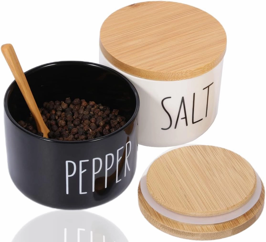 Farmhouse Salt And Pepper Bowls,Stacked Ceramic Salt Cellar With Bamboo Lid, Salt Container With Lid Spoon, Modern Farmhouse Kitchen Decor, Spice Box（Darker Black & White）