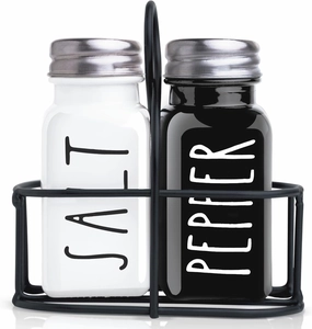 Farmhouse Salt and Pepper Shakers Set, a cute black and white premium glass shakers with stainless steel lids in a black metal holder, perfect for adding a vintage kitchen decor charm, great as a gift