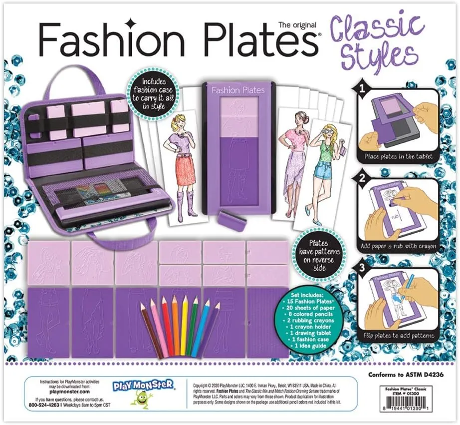Fashion Plates Classic – Girls Fashion, Mix-and-Match Drawing Kit, Arts and Crafts, Coloring, Art Supplies, Craft Supplies, Stencils, Crayons Included, Create Your Own Fashion Designs, Ages 6 