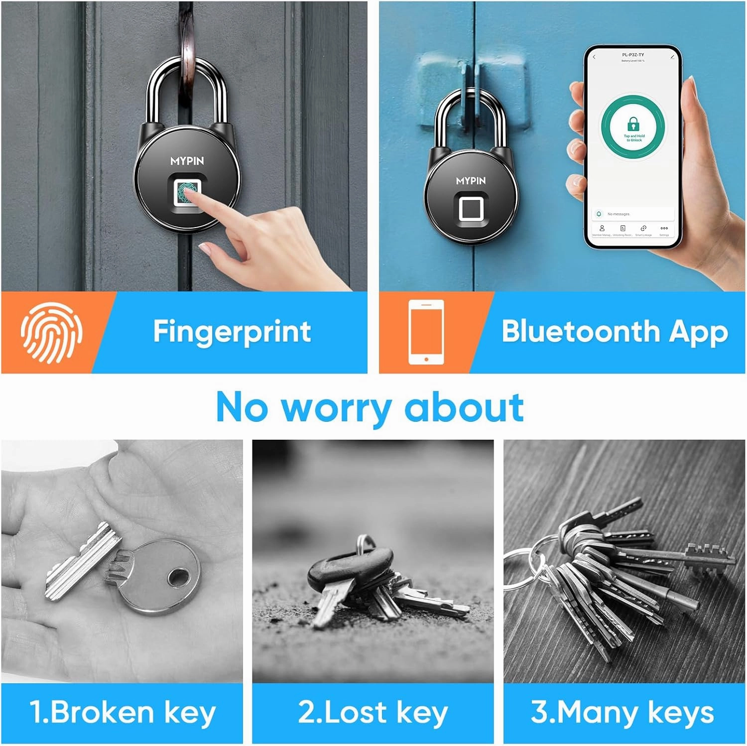 Fingerprint Padlock, Smart Keyless Bluetooth Lock APP/Fingerprint Unlock Anti-Theft Door Luggage Case Lock for Android iOS System Suitable for Gym, Backpack, School, Fence and Storage