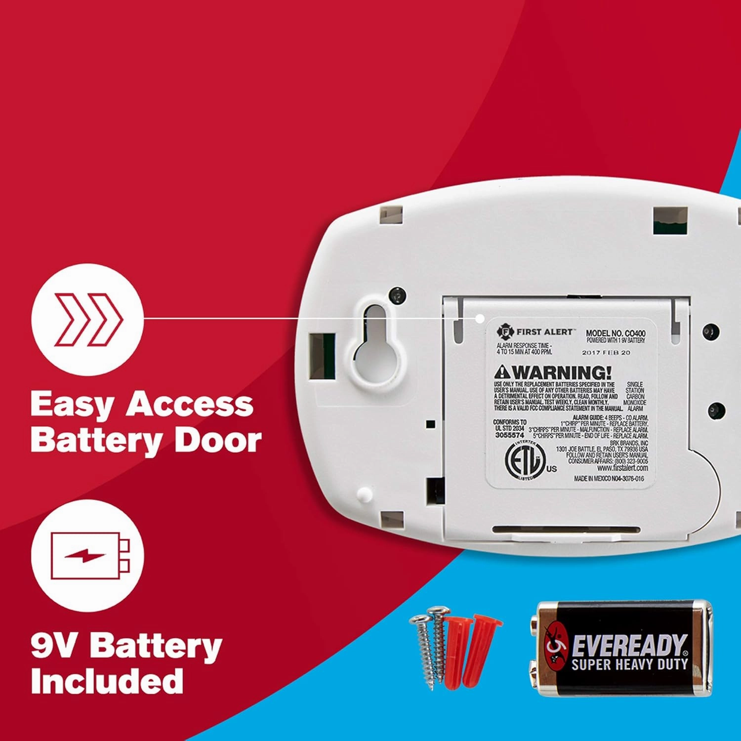 FIRST ALERT Carbon Monoxide Detector, No Outlet Required, Battery Operated, CO400, White, 2 Count (Pack of 1)