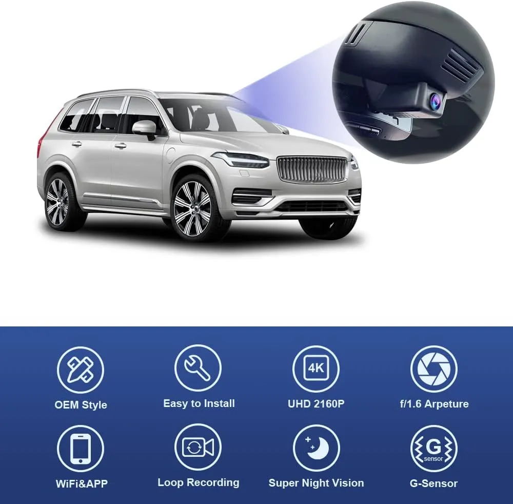 Fitcamx 4K Dash Cam for 2023 2024 2025 Volvo XC90 B5 B6 T8 (Model B), Integrated OEM Look, Ultra HD 2160P Video, Loop Recording, Built-in WiFi & APP, Gravity Sensor, Plug & Play, 64GB Card