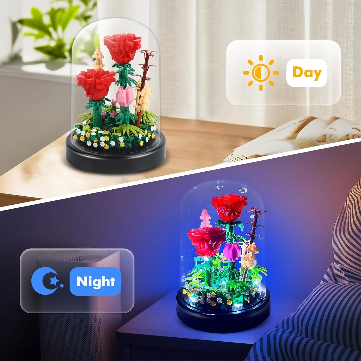 Flower Bouquets Building Sets with LED String Light and Dust Cover, 593 Pcs Red Rose Bouquet Building Block Gifts for Mothers Day, Valentines Day, Birthday, Anniversary, Christmas