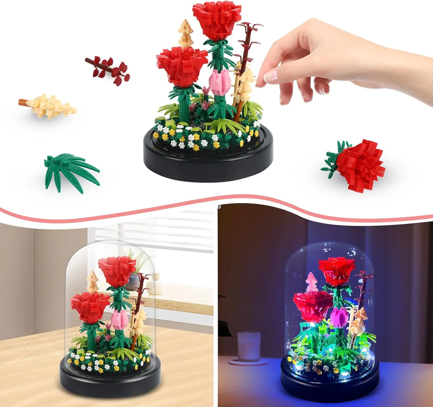 Flower Bouquets Building Sets with LED String Light and Dust Cover, 593 Pcs Red Rose Bouquet Building Block Gifts for Mothers Day, Valentines Day, Birthday, Anniversary, Christmas