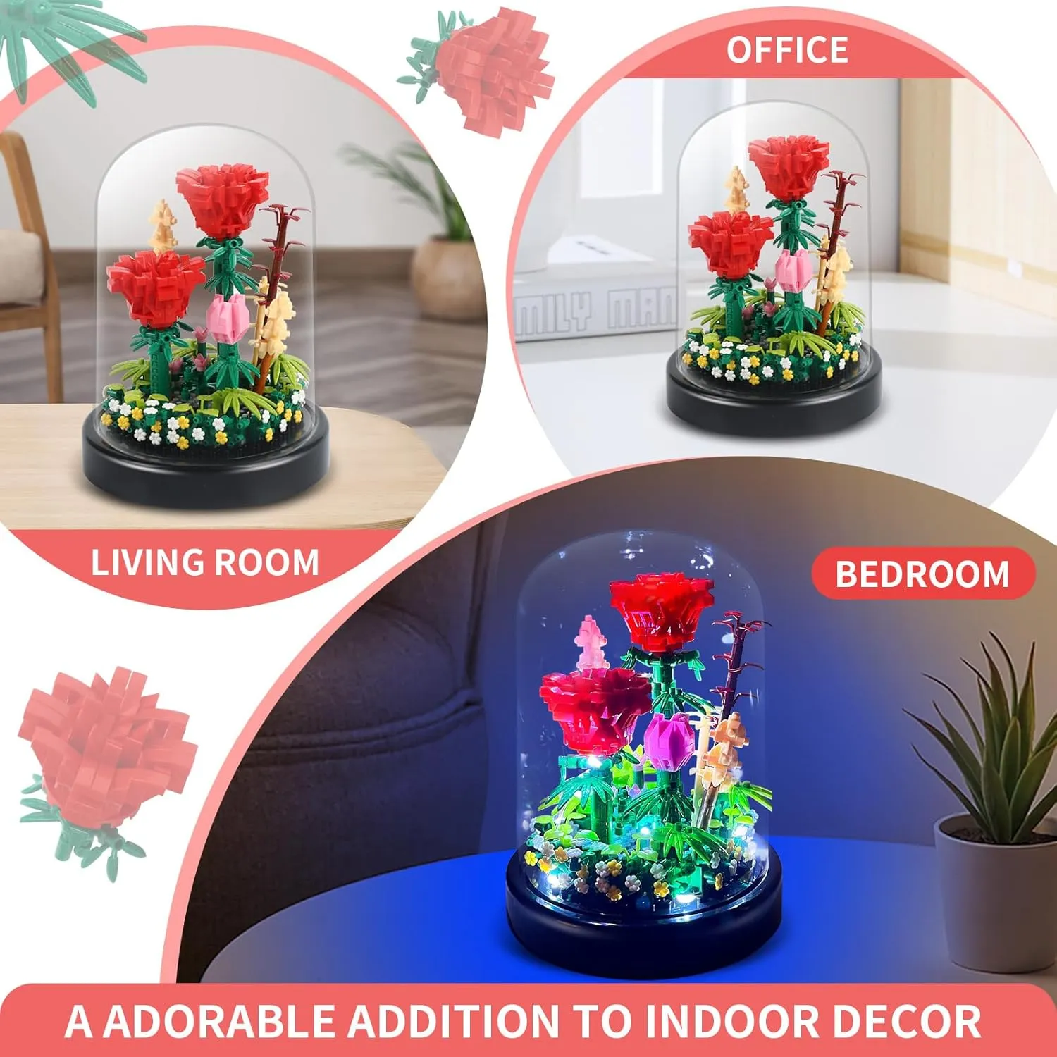 Flower Bouquets Building Sets with LED String Light and Dust Cover, 593 Pcs Red Rose Bouquet Building Block Gifts for Mothers Day, Valentines Day, Birthday, Anniversary, Christmas