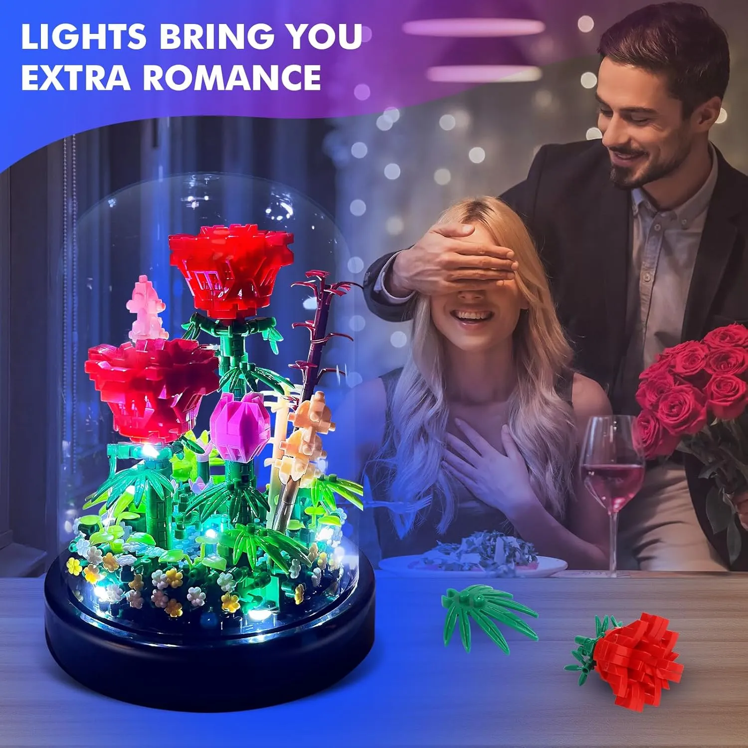 Flower Bouquets Building Sets with LED String Light and Dust Cover, 593 Pcs Red Rose Bouquet Building Block Gifts for Mothers Day, Valentines Day, Birthday, Anniversary, Christmas