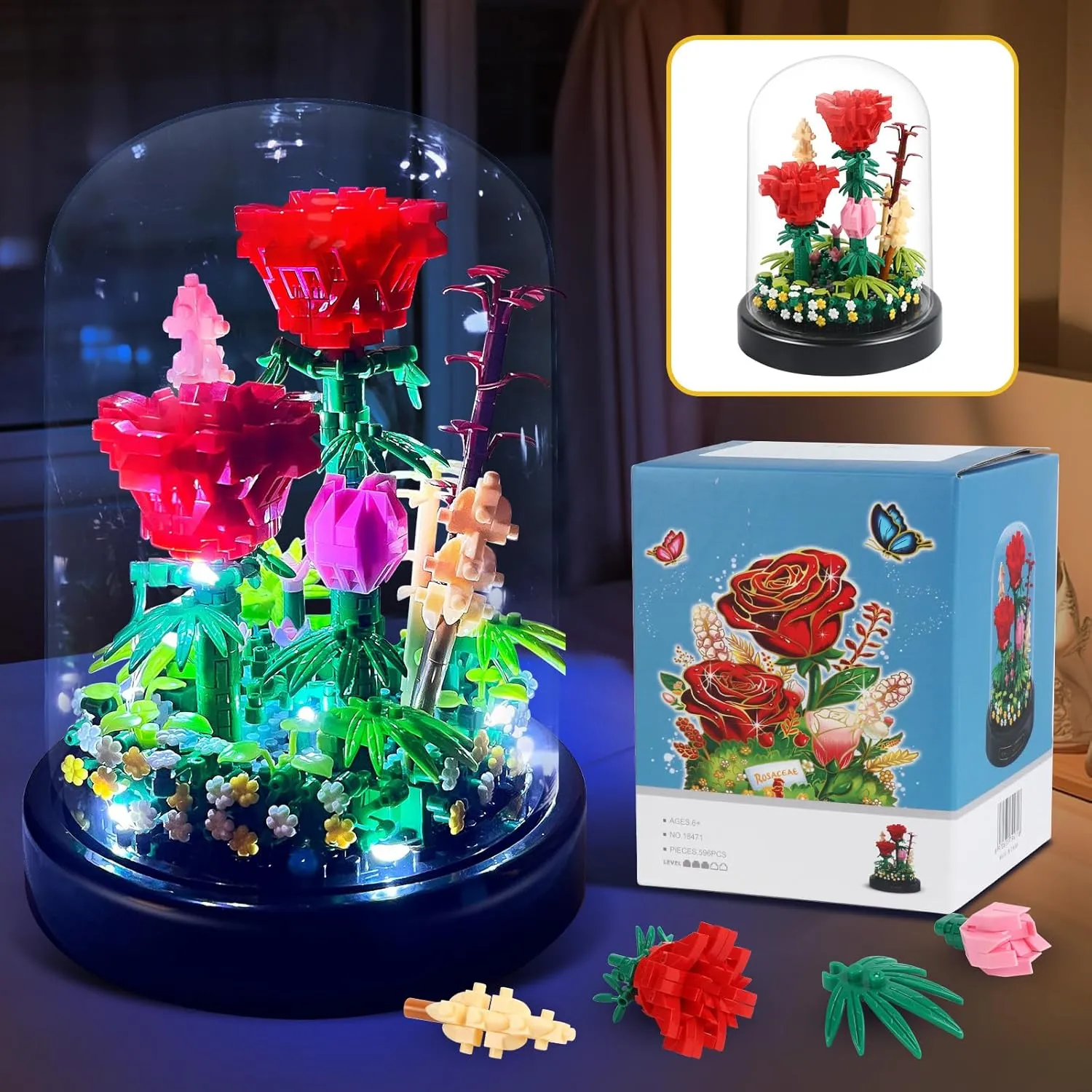 Flower Bouquets Building Sets with LED String Light and Dust Cover, 593 Pcs Red Rose Bouquet Building Block Gifts for Mothers Day, Valentines Day, Birthday, Anniversary, Christmas