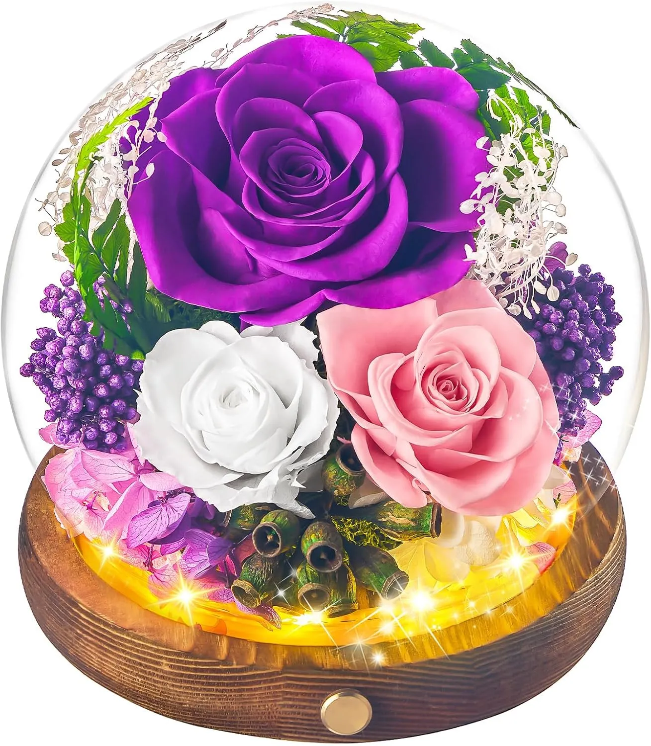 Flower Globe with Preserved Flowers, Eternal Rose in Glass, Long-Lasting Real Flowers, Floral Gift for Mom, Grandma, Wife, Sister, Friend Birthday Mothers Day, Purple