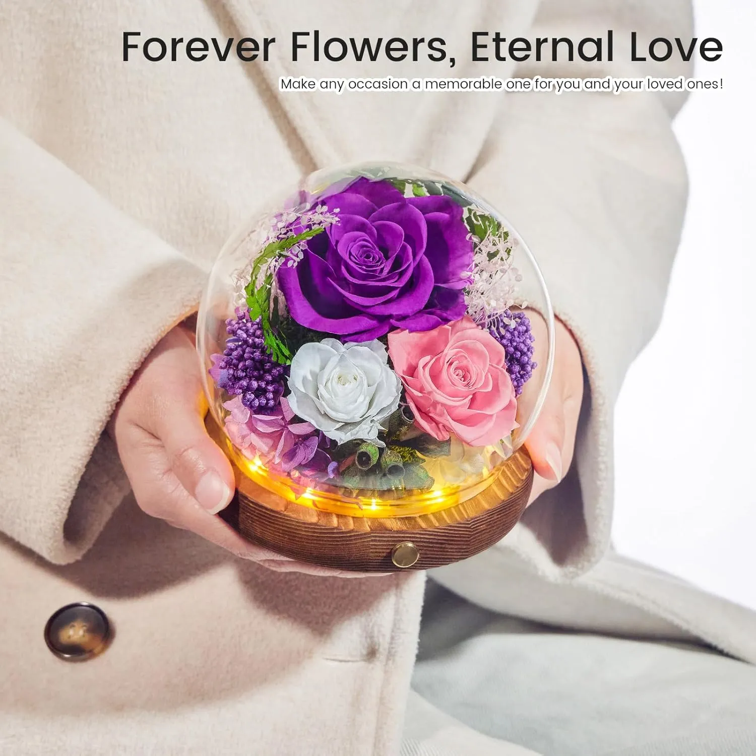 Flower Globe with Preserved Flowers, Eternal Rose in Glass, Long-Lasting Real Flowers, Floral Gift for Mom, Grandma, Wife, Sister, Friend Birthday Mothers Day, Purple