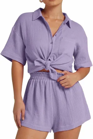 Flygo Womens Casual 2 Piece Outfits Cotton Linen Sets Button Down Shirt Shorts Resort Wear 2025 Pajama Beach Coverup Set