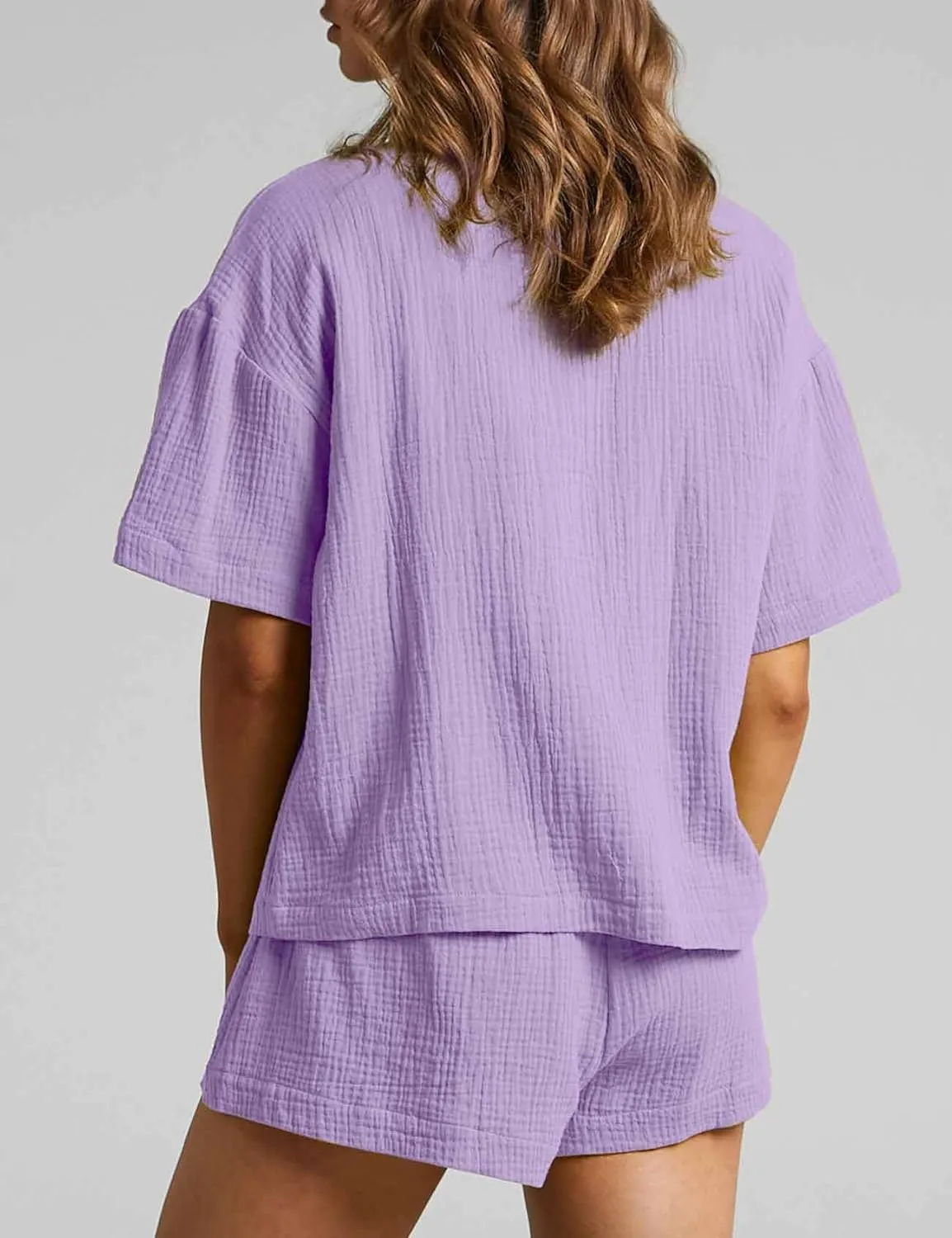 Flygo Womens Casual 2 Piece Outfits Cotton Linen Sets Button Down Shirt Shorts Resort Wear 2025 Pajama Beach Coverup Set