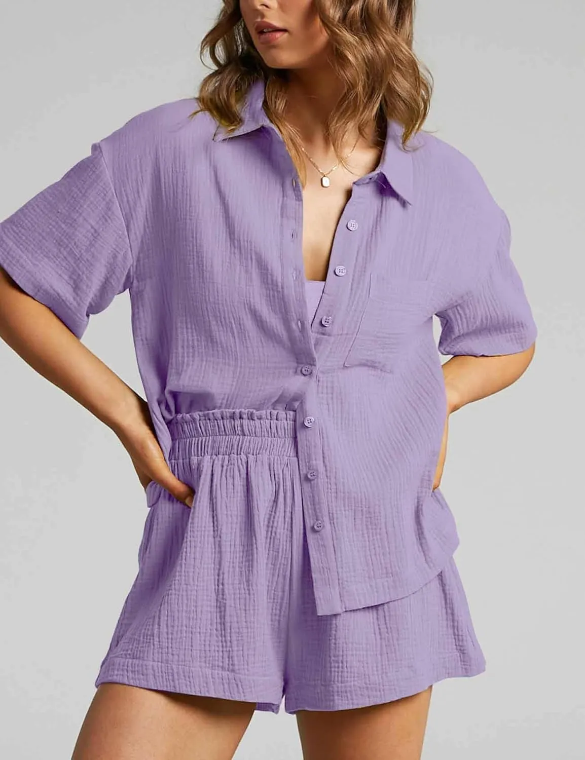 Flygo Womens Casual 2 Piece Outfits Cotton Linen Sets Button Down Shirt Shorts Resort Wear 2025 Pajama Beach Coverup Set