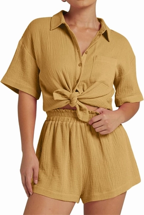 Flygo Womens Casual 2 Piece Outfits Cotton Linen Sets Button Down Shirt Shorts Resort Wear 2025 Pajama Beach Coverup Set
