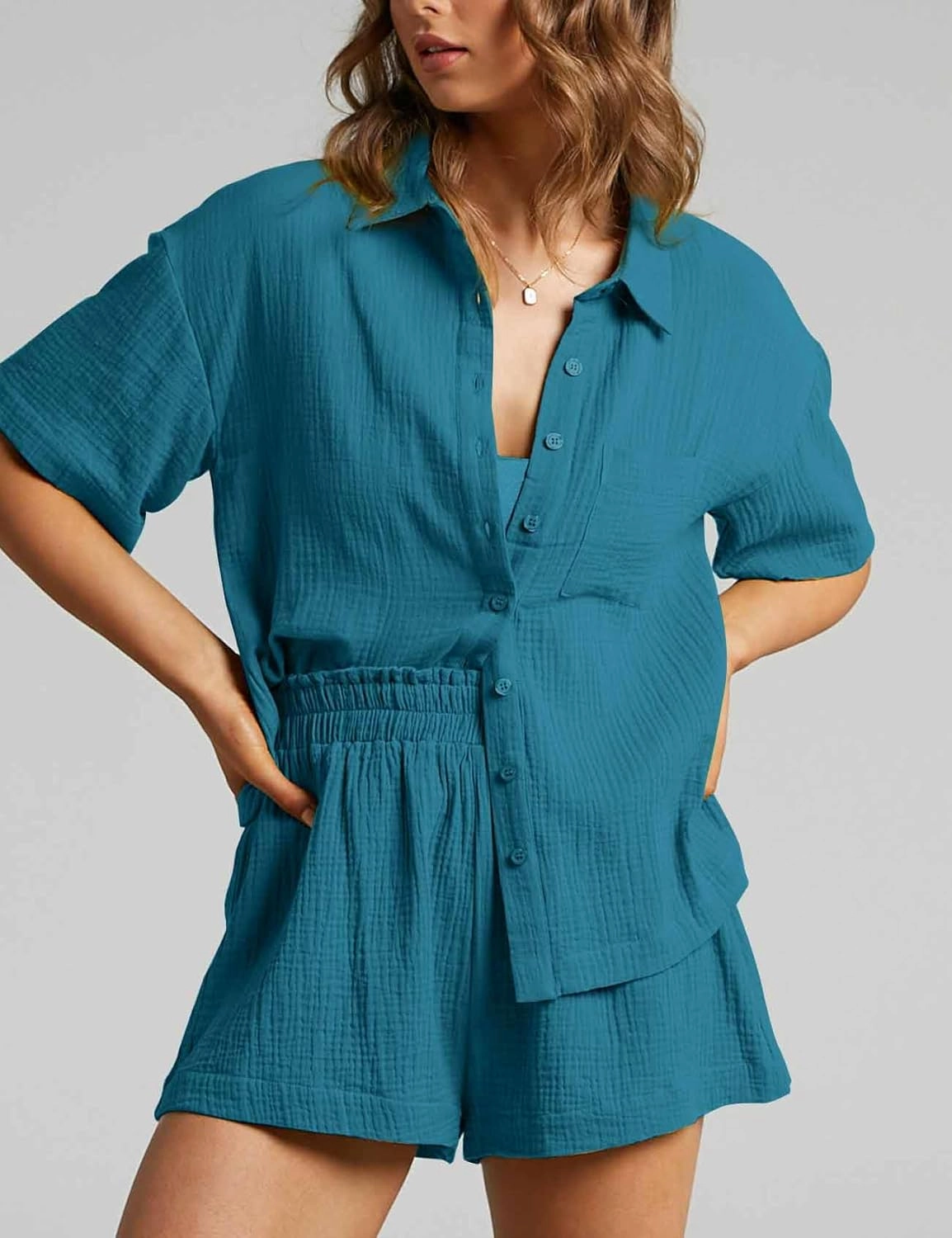 Flygo Womens Casual 2 Piece Outfits Cotton Linen Sets Button Down Shirt Shorts Resort Wear 2025 Pajama Beach Coverup Set