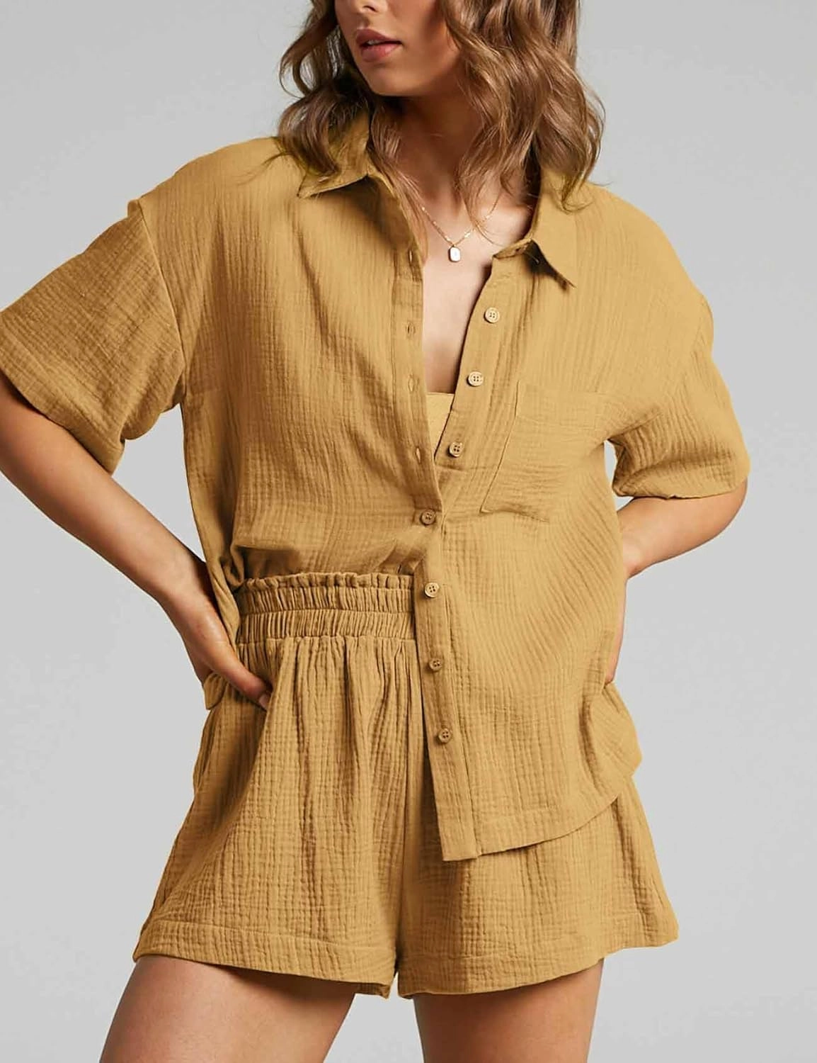 Flygo Womens Casual 2 Piece Outfits Cotton Linen Sets Button Down Shirt Shorts Resort Wear 2025 Pajama Beach Coverup Set
