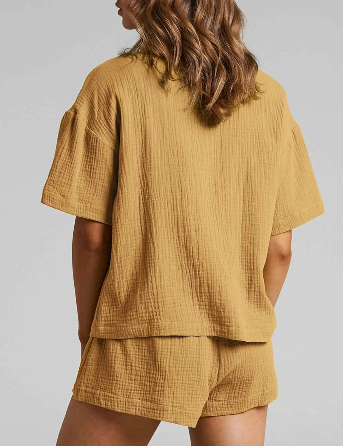 Flygo Womens Casual 2 Piece Outfits Cotton Linen Sets Button Down Shirt Shorts Resort Wear 2025 Pajama Beach Coverup Set