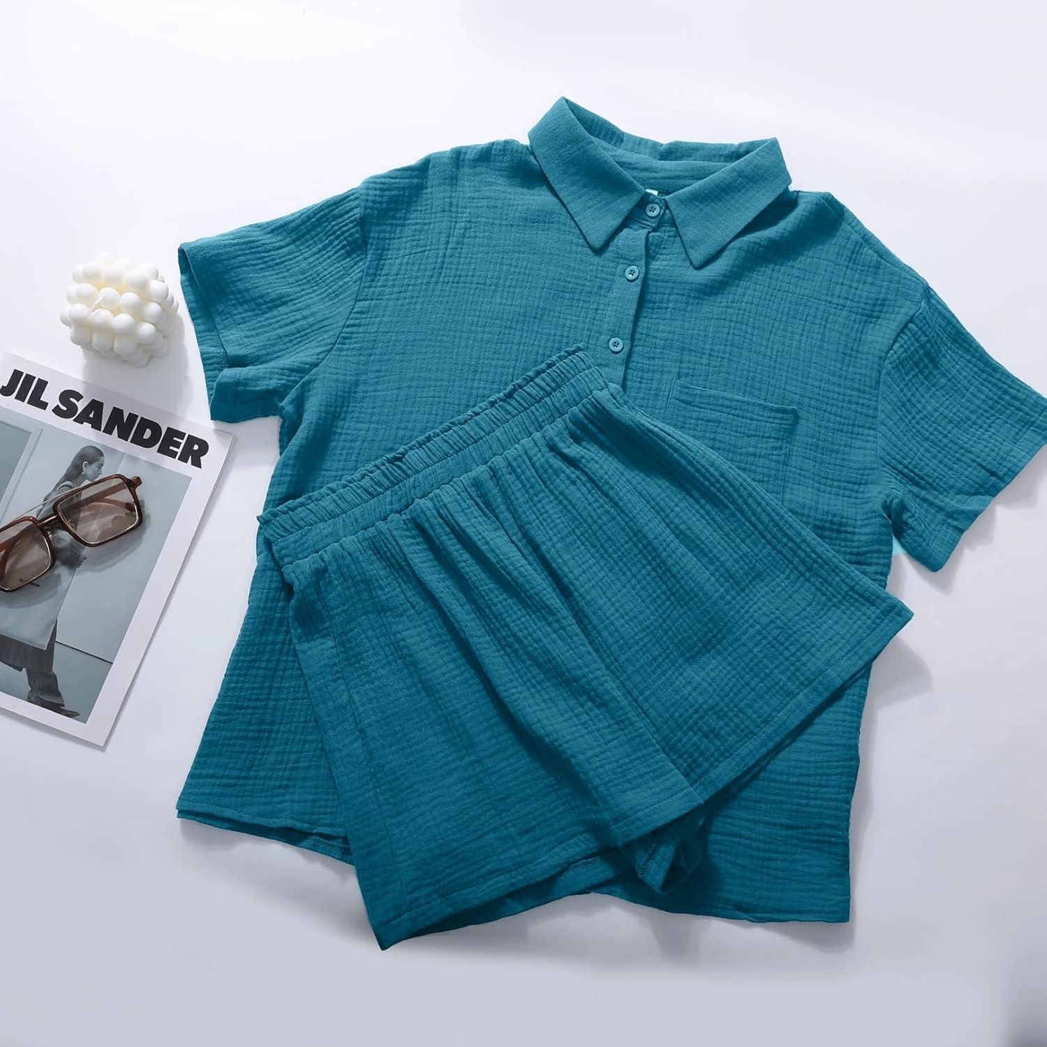 Flygo Womens Casual 2 Piece Outfits Cotton Linen Sets Button Down Shirt Shorts Resort Wear 2025 Pajama Beach Coverup Set
