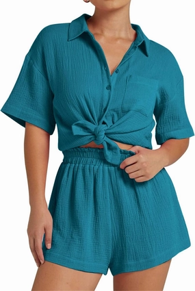 Flygo Womens Casual 2 Piece Outfits Cotton Linen Sets Button Down Shirt Shorts Resort Wear 2025 Pajama Beach Coverup Set
