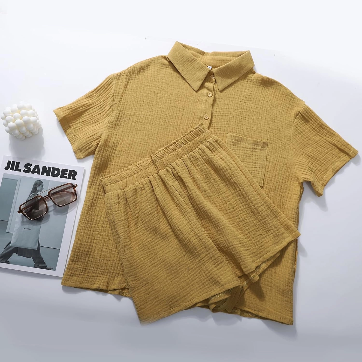 Flygo Womens Casual 2 Piece Outfits Cotton Linen Sets Button Down Shirt Shorts Resort Wear 2025 Pajama Beach Coverup Set