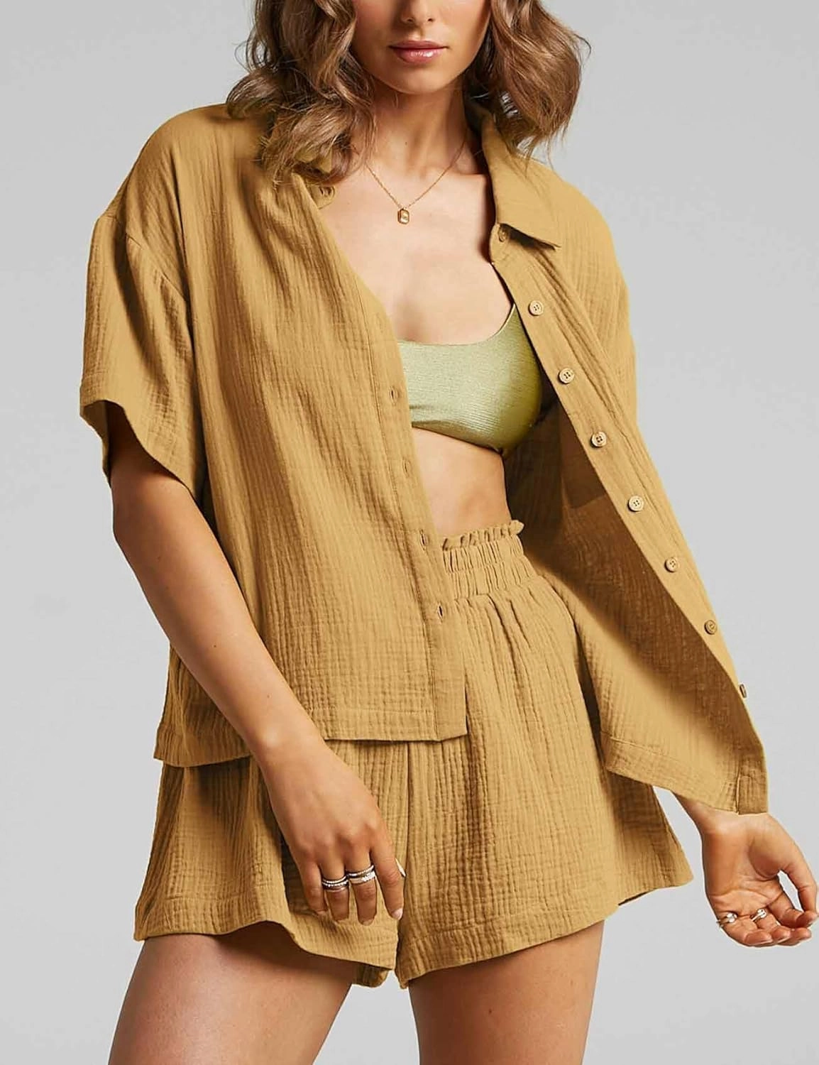 Flygo Womens Casual 2 Piece Outfits Cotton Linen Sets Button Down Shirt Shorts Resort Wear 2025 Pajama Beach Coverup Set
