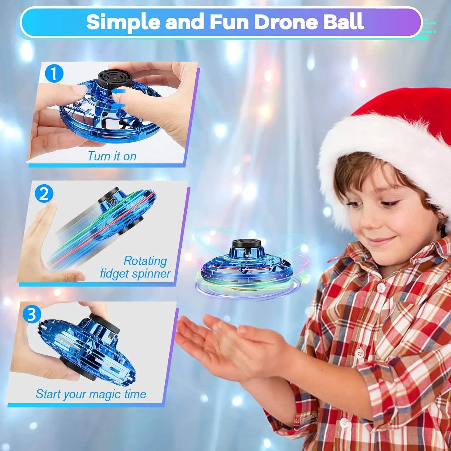Flying Fidget Spinner,2025 Upgraded Flying Spinner Mini Hand Drone with 360 ° Rotating and LED Lights Outdoor Indoor Toy,Mini UFO Toy Drone for Boys Girls Adults (Blue)