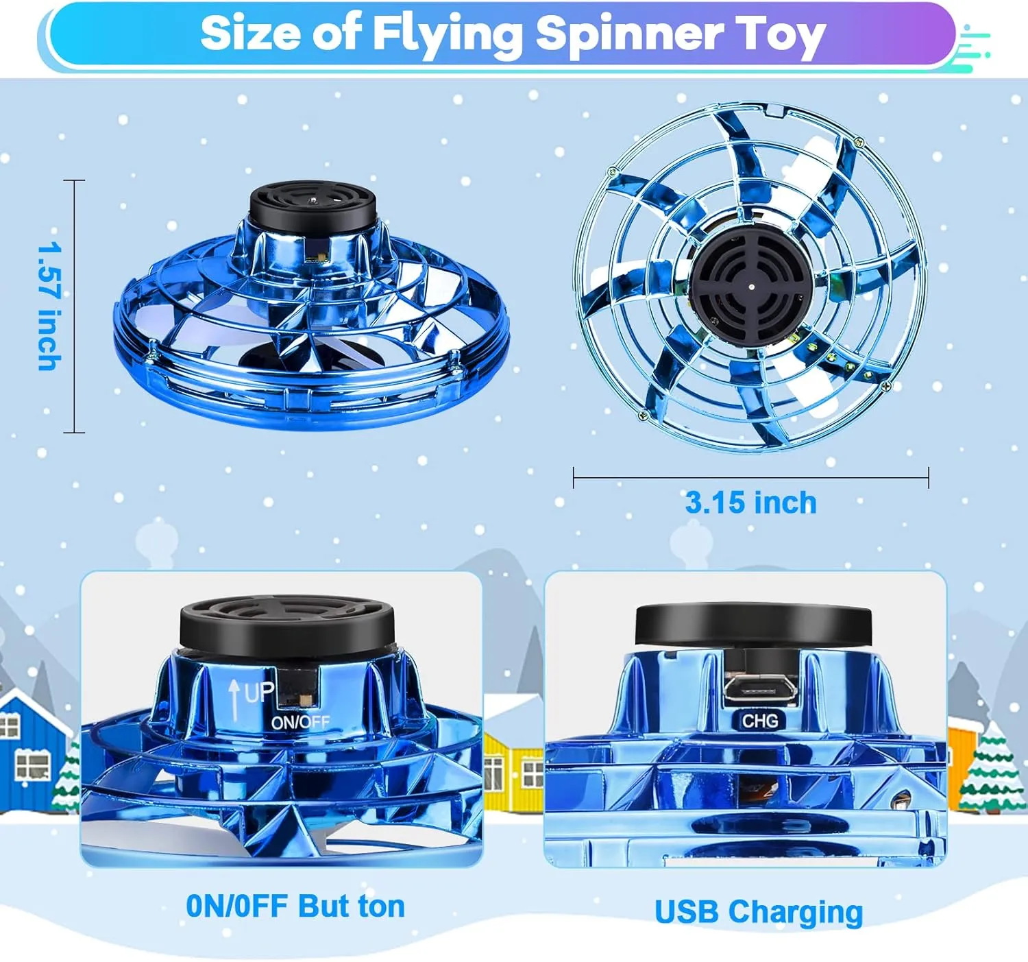 Flying Fidget Spinner,2025 Upgraded Flying Spinner Mini Hand Drone with 360 ° Rotating and LED Lights Outdoor Indoor Toy,Mini UFO Toy Drone for Boys Girls Adults (Blue)