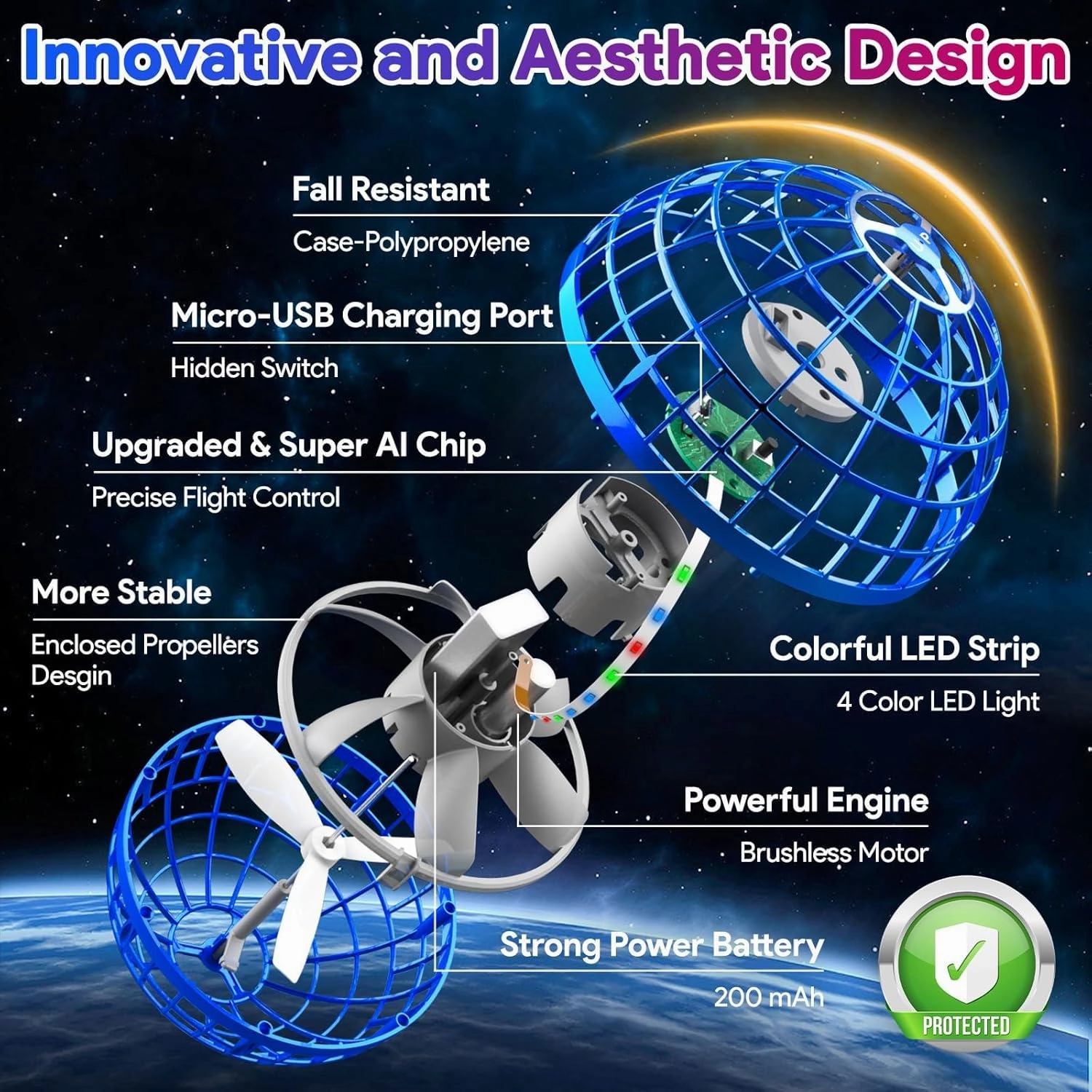 Flying Orb Ball Toys 2024, Soaring Hover Boomerang Spinner Hand Controlled Mini Drone Cosmic Globe Spinning Kids Adults Outdoor Fly Toy Birthday Gift Cool for Boys Girls 6 7 8 9 10 11 12 Year(Blue)