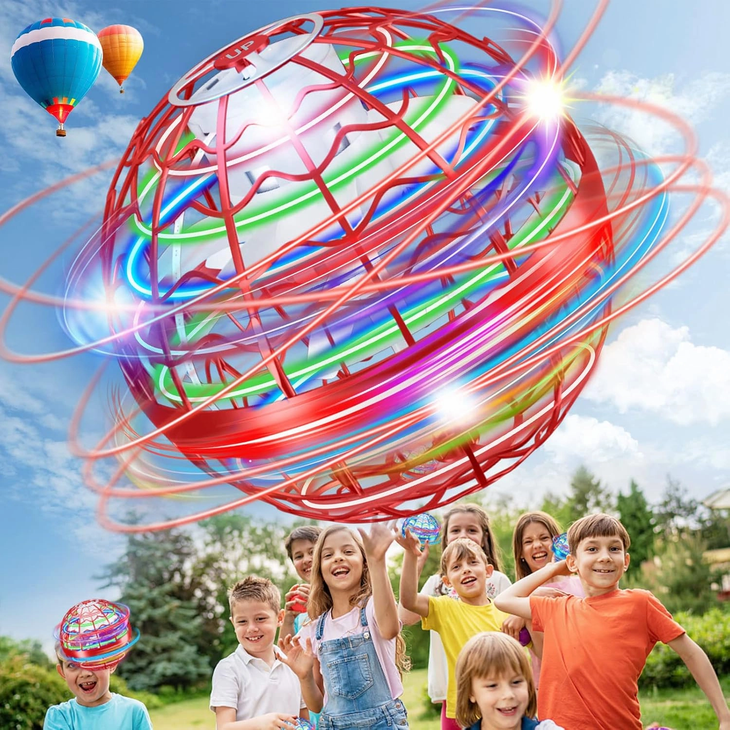 Flying Orb Toys, Wave Pattern Flying Ball Boomerang Ball Hover Orb Ball for Kids Adults Rechargeable Magic Flying Ball Toys Globe Hand Operated Drones Spinner with LED Lights (Red)